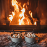 life-lately-december-2022-header: Two hot chocolates on a blanket sat in front of a cosy fire.